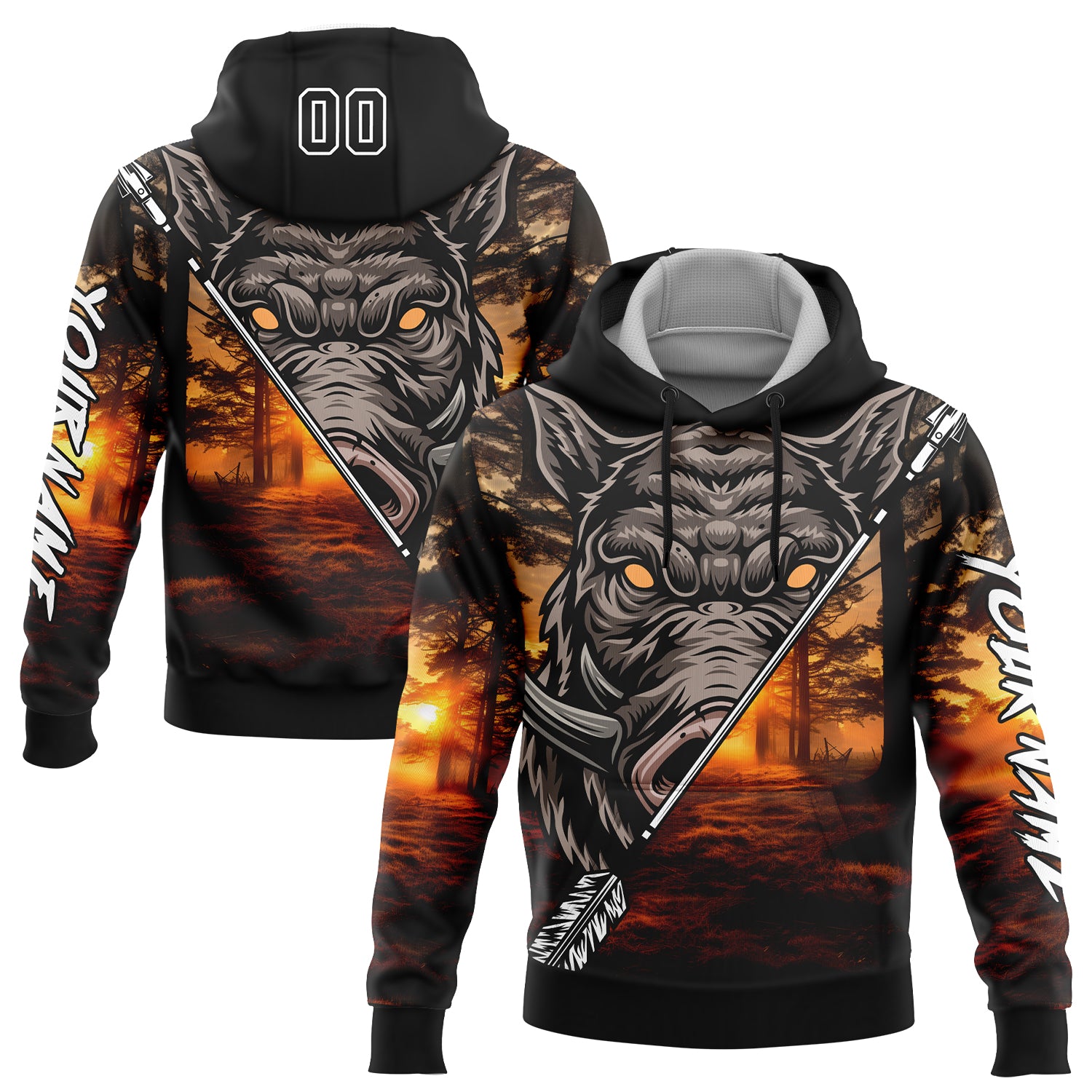 Custom Black White 3D Wild Boar Arrow Hunting Sports Pullover Sweatshirt Hoodie
