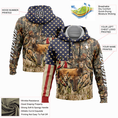 Custom Camo Black-White 3D American Flag And Deer Hunting Sports Pullover Sweatshirt Hoodie