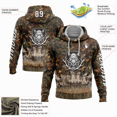 Custom Camo White-Black 3D Wild Boar Hunting Sports Pullover Sweatshirt Hoodie
