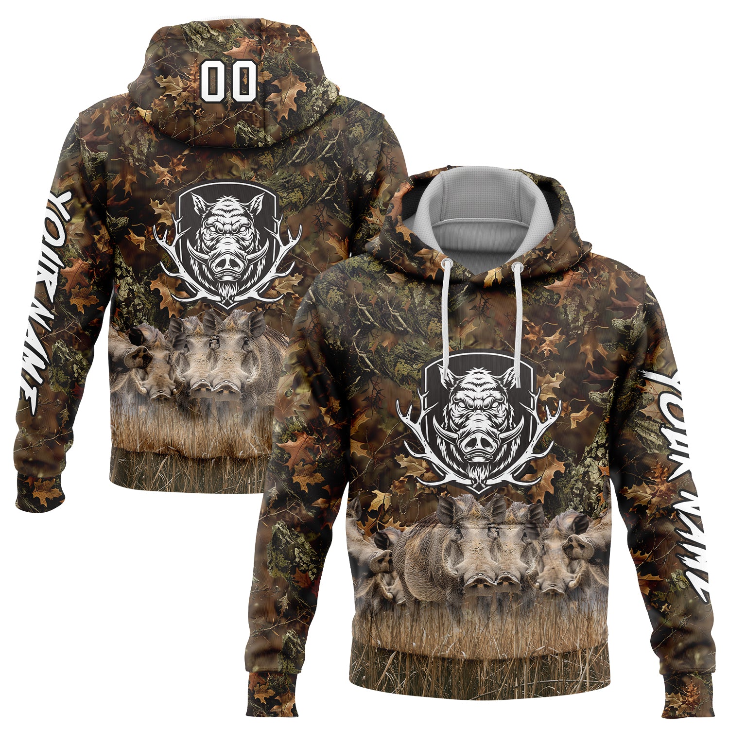 Custom Camo White-Black 3D Wild Boar Hunting Sports Pullover Sweatshirt Hoodie