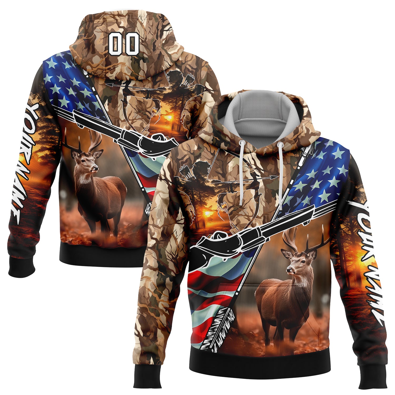 Custom Camo White-Black 3D American Flag And Hunting Tools Deer Hunting Sports Pullover Sweatshirt Hoodie
