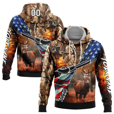 Custom Camo White-Black 3D American Flag And Hunting Tools Deer Hunting Sports Pullover Sweatshirt Hoodie