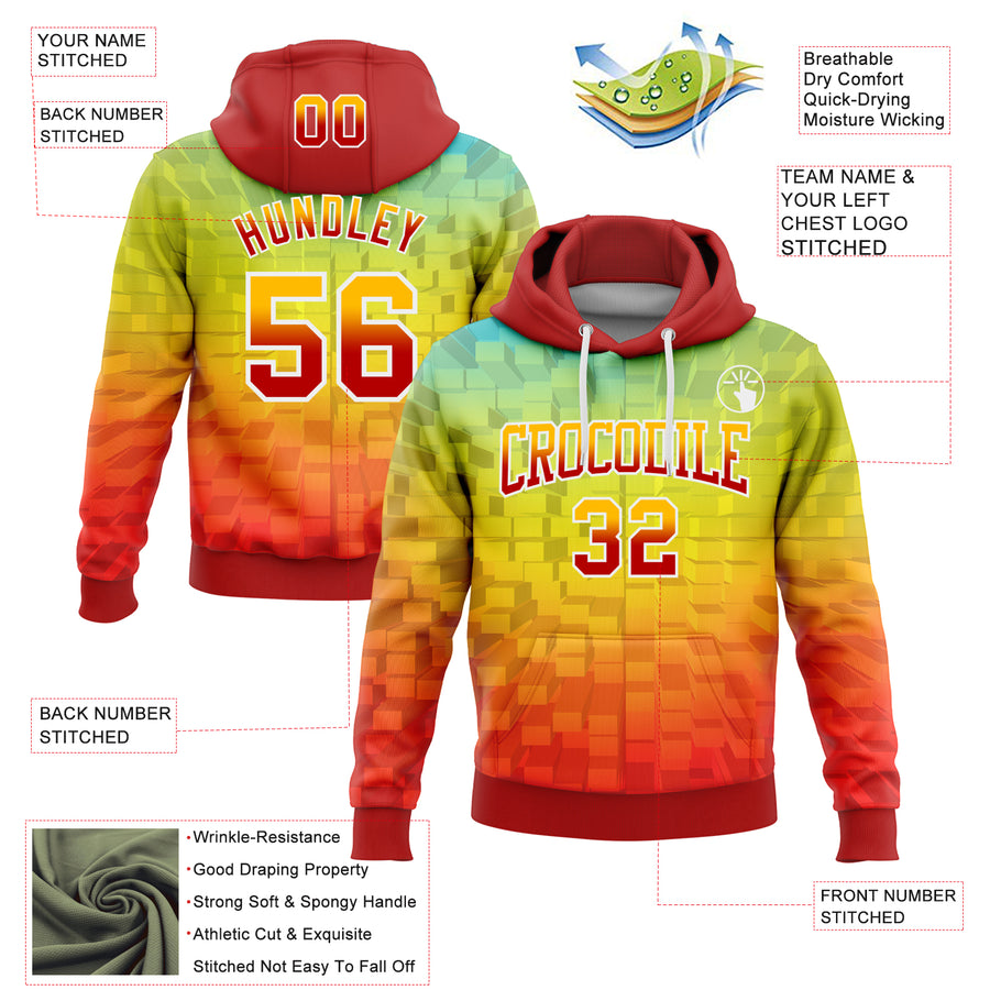Custom Stitched Gold Red-White 3D Pattern Design Geometric Gradient Square Shapes Sports Pullover Sweatshirt Hoodie