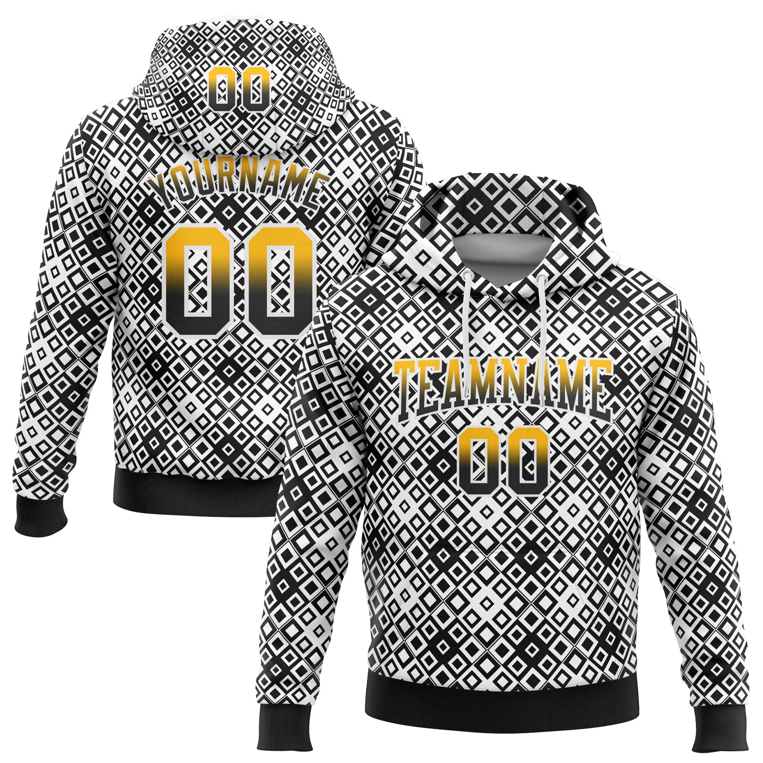 Custom Stitched White Gold-Black 3D Pattern Design Geometric Gradient Square Shapes Sports Pullover Sweatshirt Hoodie