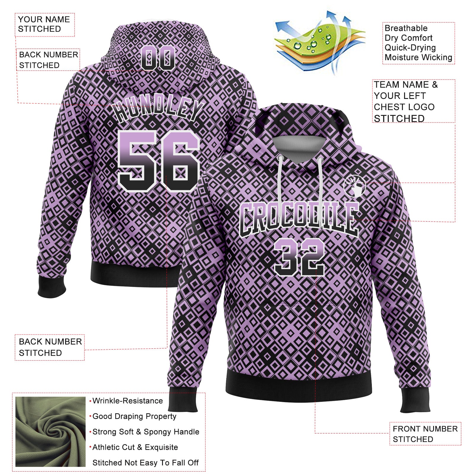 Custom Stitched Light Purple Black-White 3D Pattern Design Geometric Gradient Square Shapes Sports Pullover Sweatshirt Hoodie
