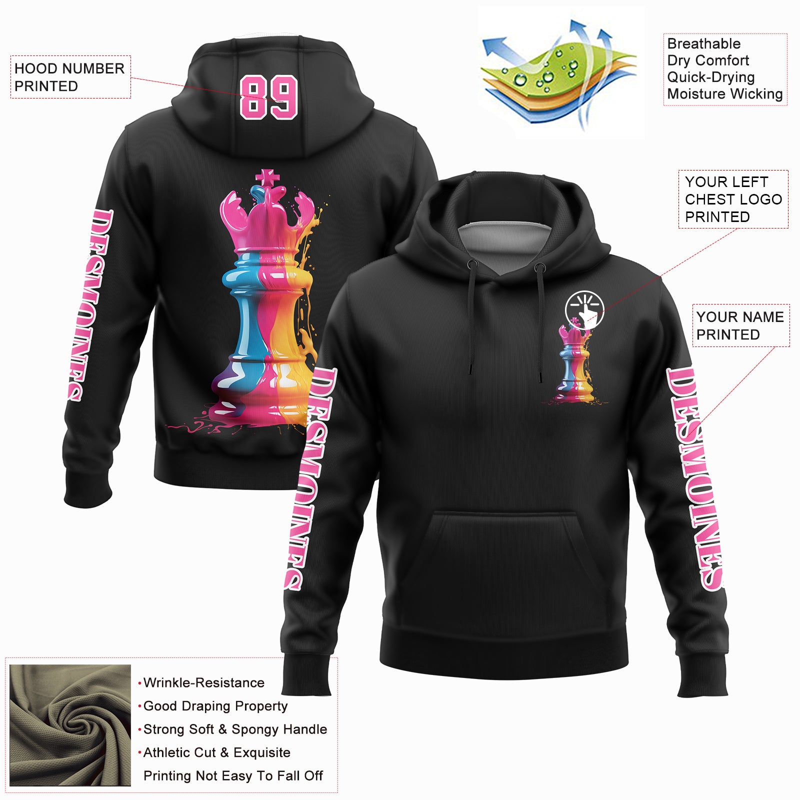 Custom Black Pink-White 3D Watercolor Chess Piece International Chess Day Sports Pullover Sweatshirt Hoodie
