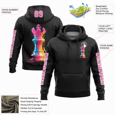 Custom Black Pink-White 3D Watercolor Chess Piece International Chess Day Sports Pullover Sweatshirt Hoodie