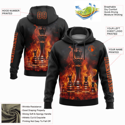 Custom Black Orange 3D Flame Chess International Chess Day Sports Pullover Sweatshirt Hoodie