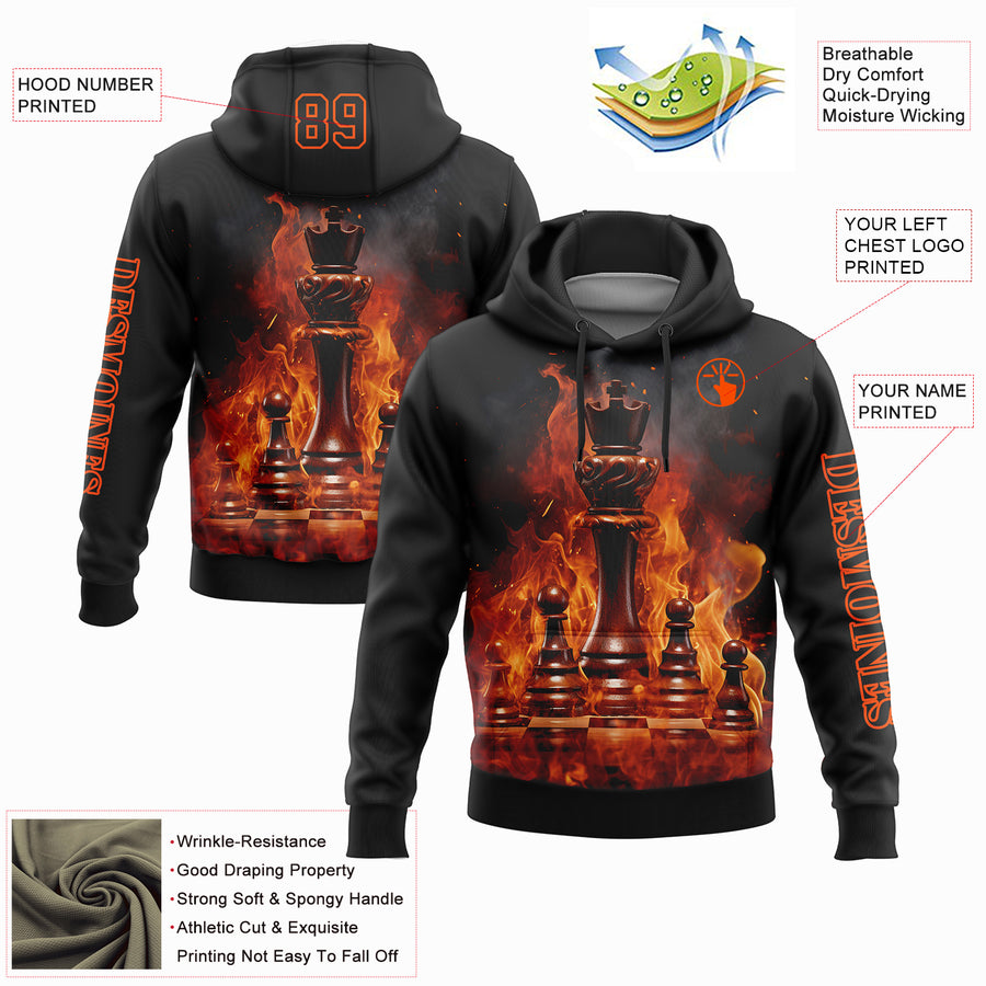 Custom Black Orange 3D Flame Chess International Chess Day Sports Pullover Sweatshirt Hoodie