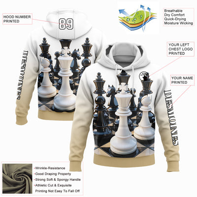Custom White Vegas Gold-Black 3D Chess International Chess Day Sports Pullover Sweatshirt Hoodie