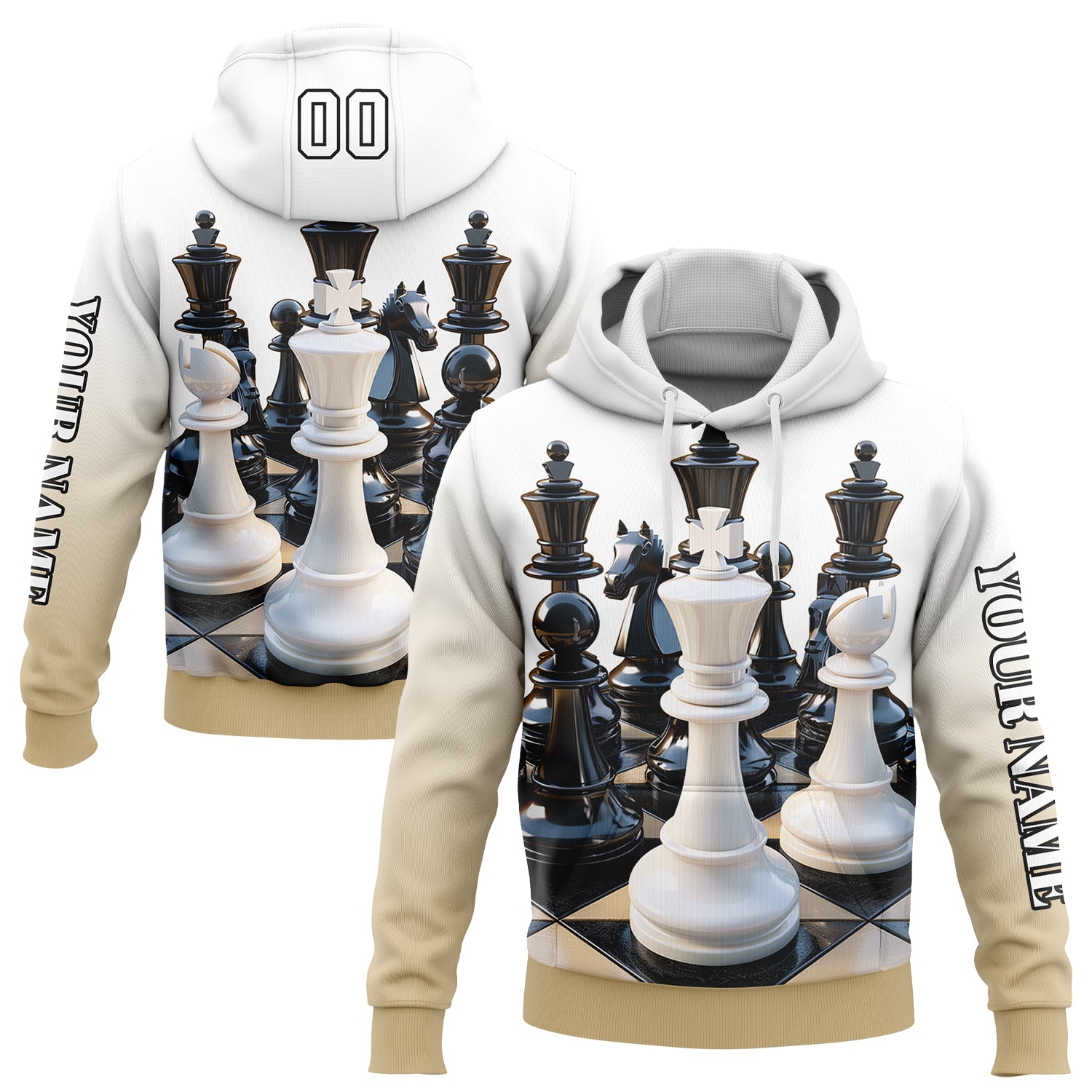 Custom White Vegas Gold-Black 3D Chess International Chess Day Sports Pullover Sweatshirt Hoodie