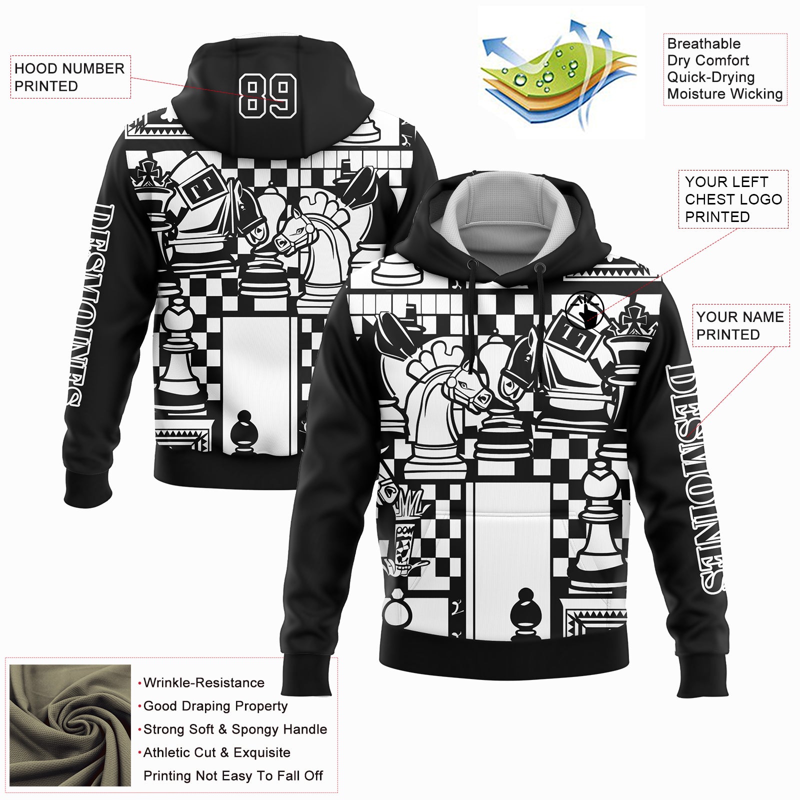 Custom Black White 3D Chess International Chess Day Sports Pullover Sweatshirt Hoodie