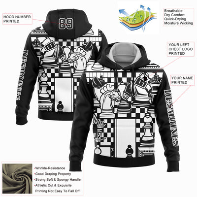 Custom Black White 3D Chess International Chess Day Sports Pullover Sweatshirt Hoodie
