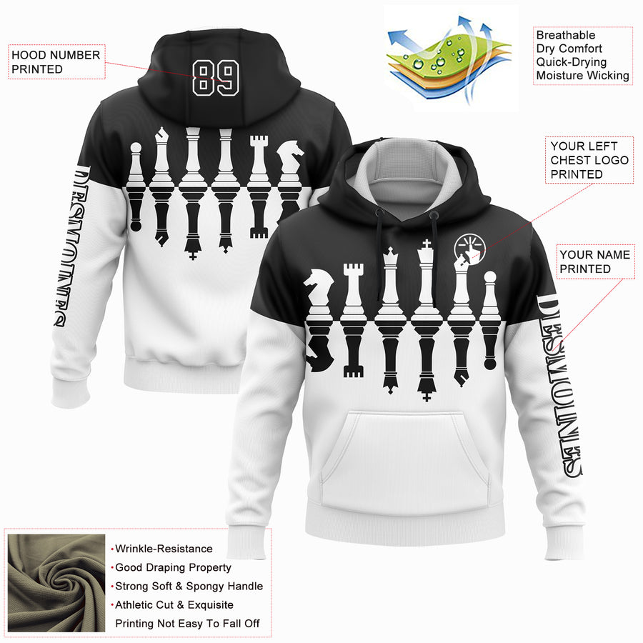 Custom Black White 3D Chess International Chess Day Sports Pullover Sweatshirt Hoodie