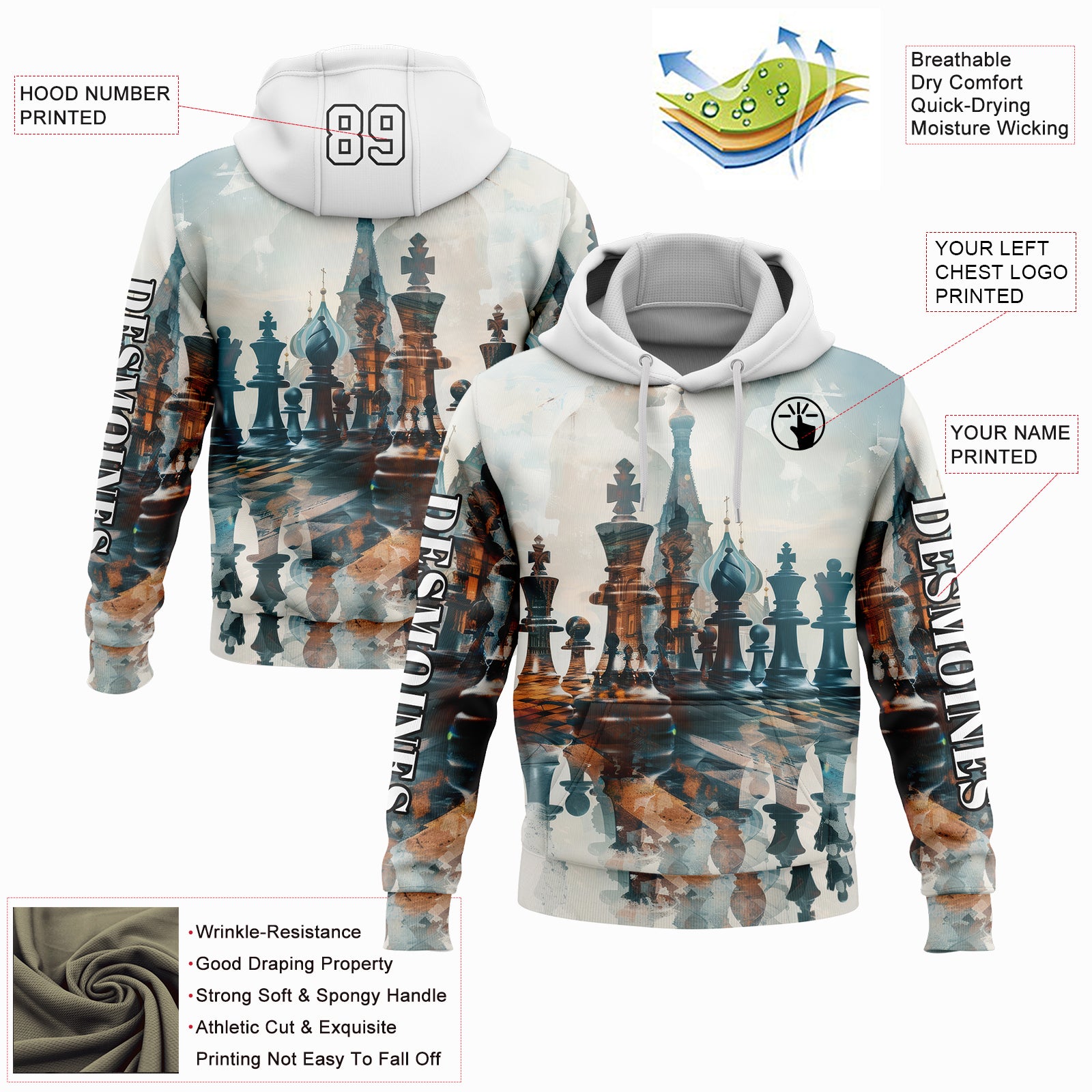 Custom White Black 3D Chess International Chess Day Sports Pullover Sweatshirt Hoodie