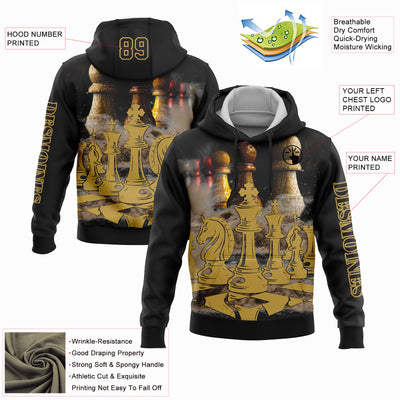 Custom Black Old Gold 3D Chess International Chess Day Sports Pullover Sweatshirt Hoodie