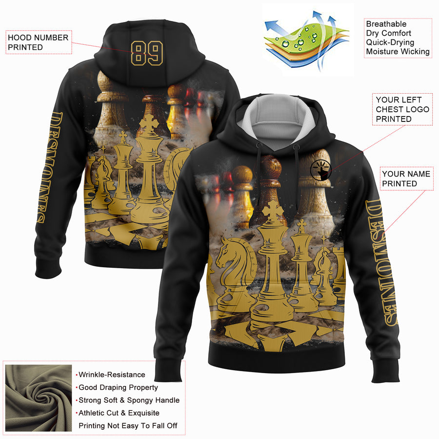 Custom Black Old Gold 3D Chess International Chess Day Sports Pullover Sweatshirt Hoodie