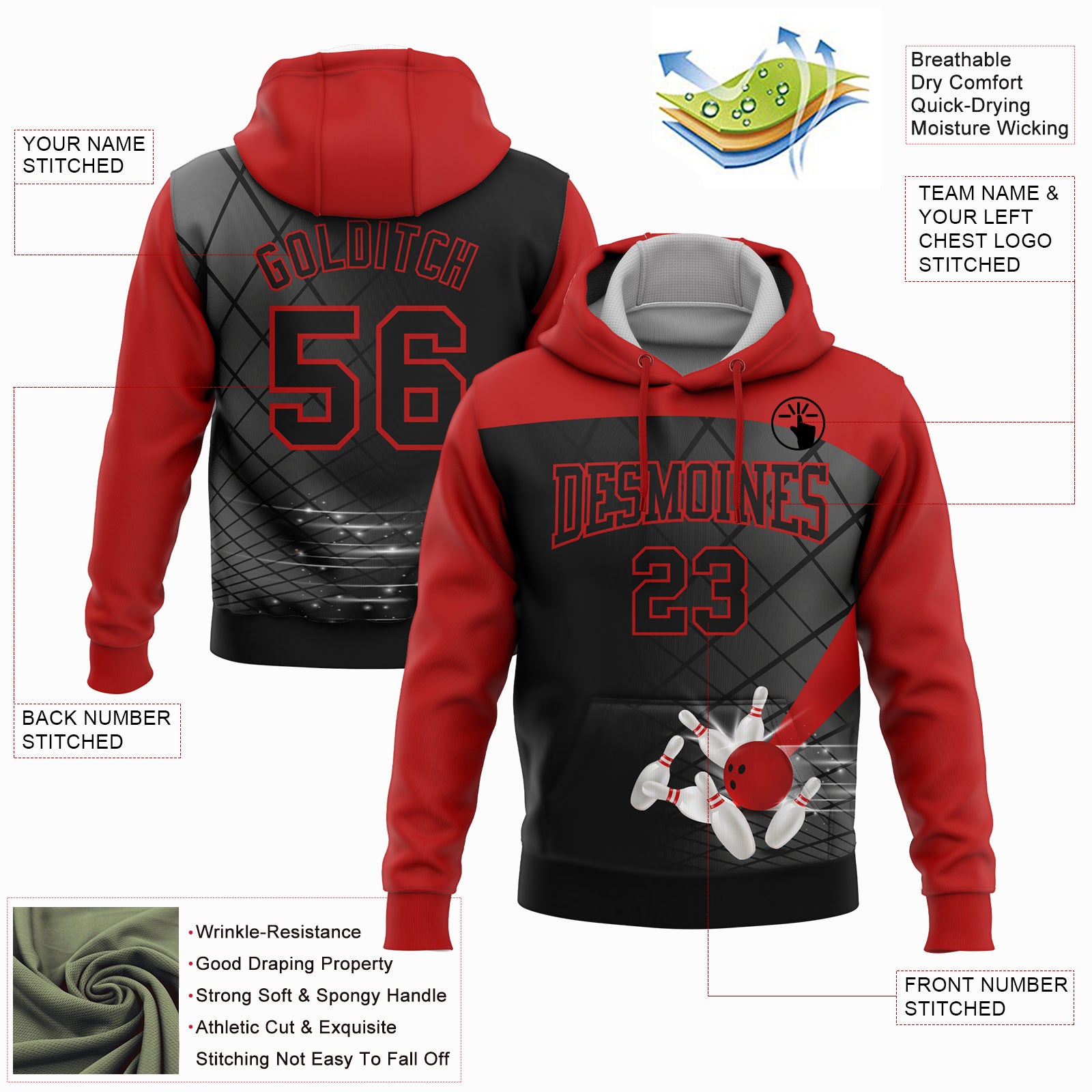 Custom Black Red 3D Bowling Sports Pullover Sweatshirt Hoodie