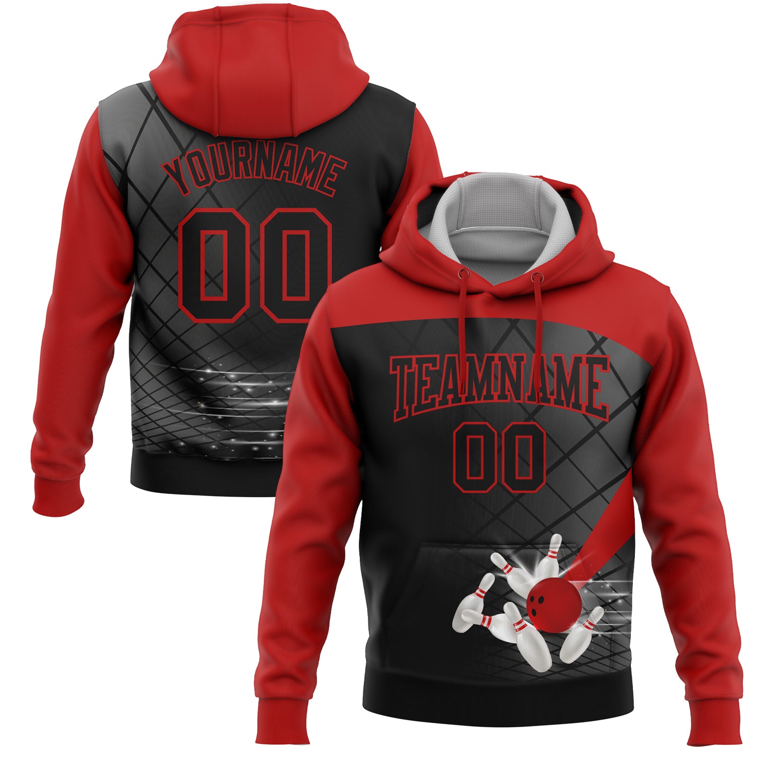 Custom Black Red 3D Bowling Sports Pullover Sweatshirt Hoodie