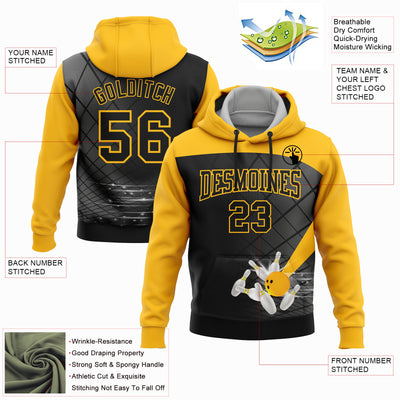 Custom Black Gold 3D Bowling Sports Pullover Sweatshirt Hoodie