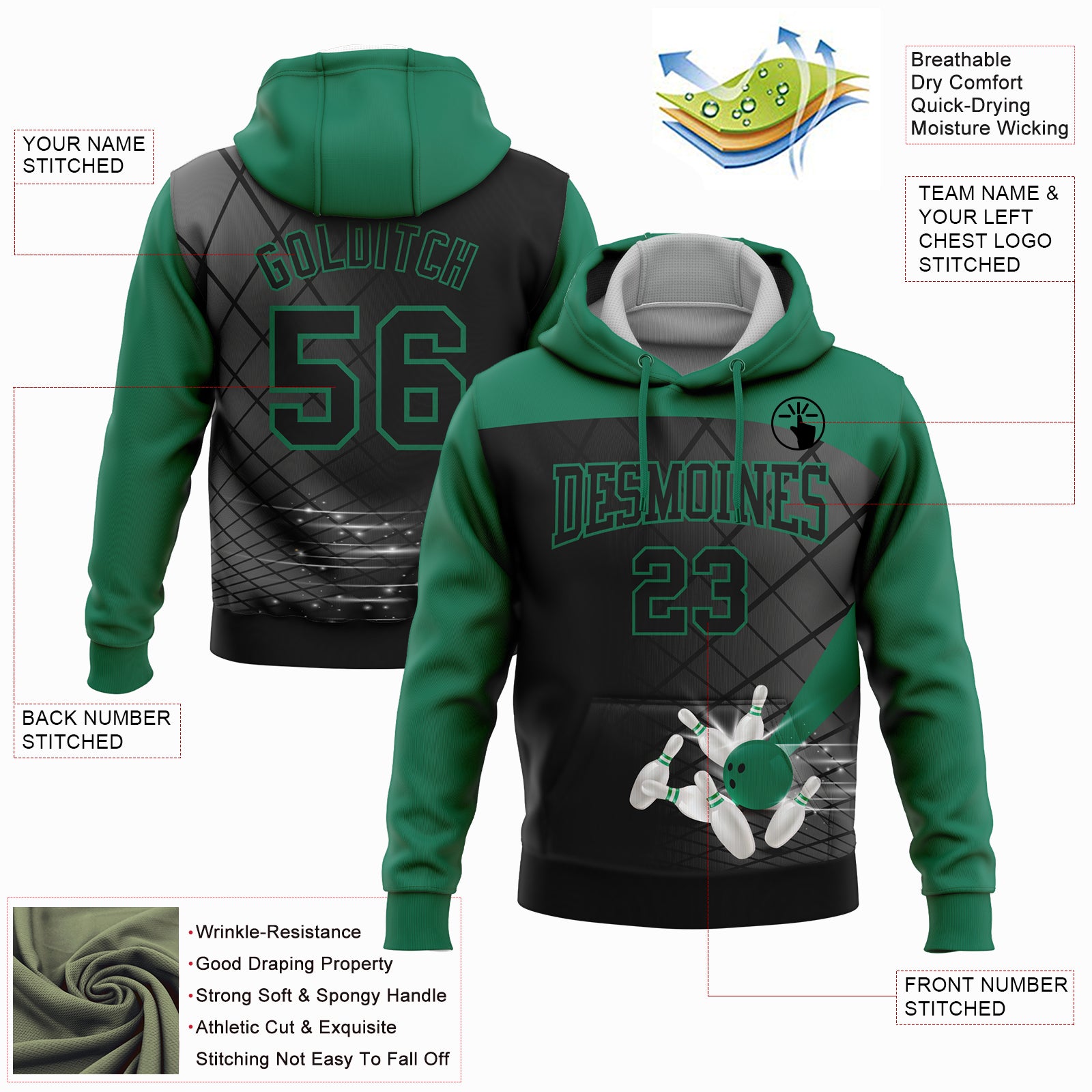 Custom Black Kelly Green 3D Bowling Sports Pullover Sweatshirt Hoodie