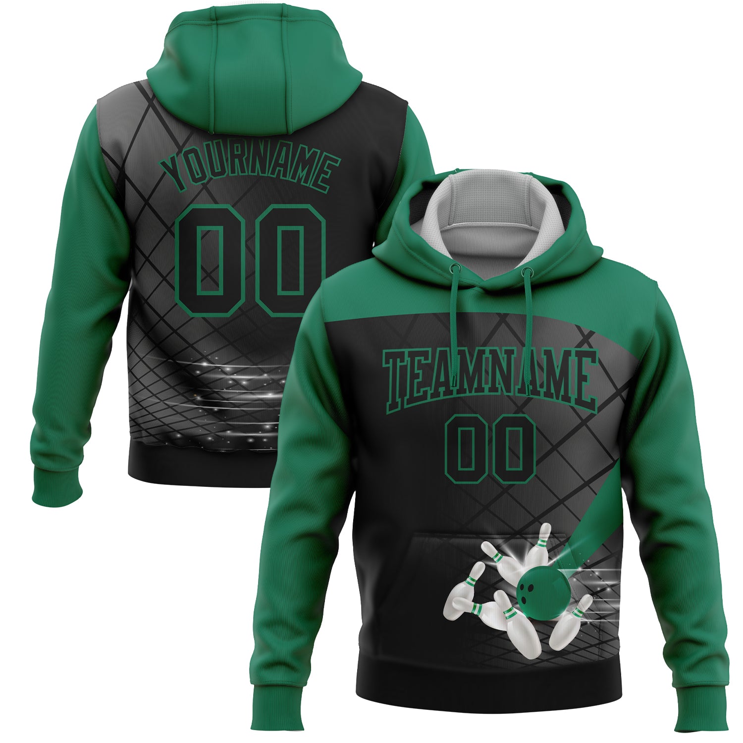 Custom Black Kelly Green 3D Bowling Sports Pullover Sweatshirt Hoodie