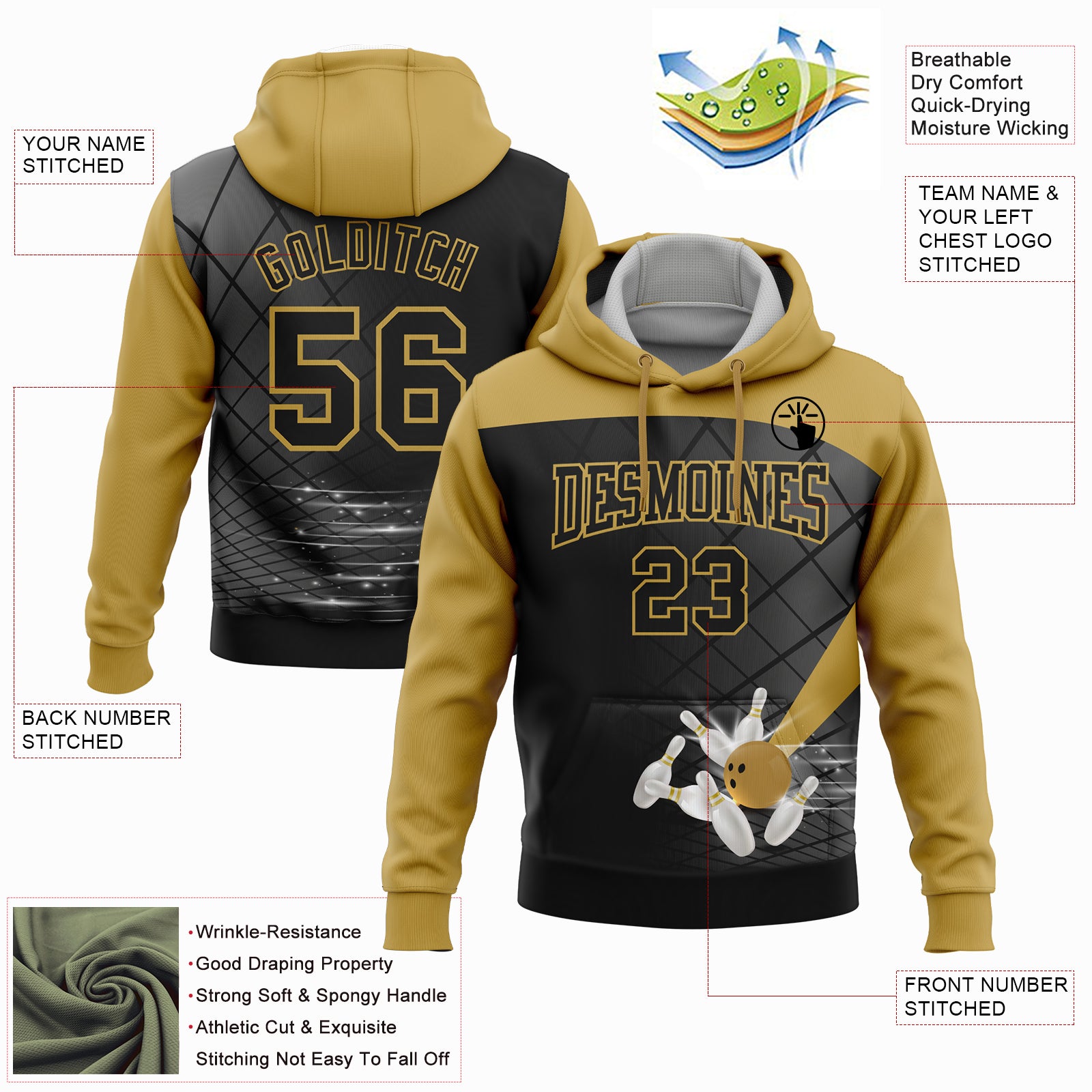 Custom Black Old Gold 3D Bowling Sports Pullover Sweatshirt Hoodie