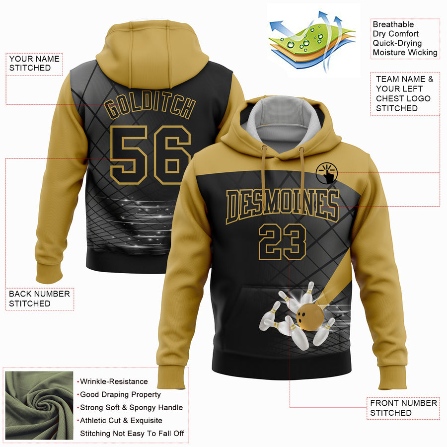 Custom Black Old Gold 3D Bowling Sports Pullover Sweatshirt Hoodie