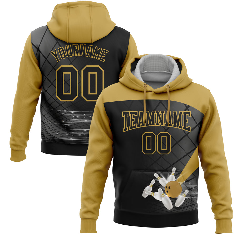 Custom Black Old Gold 3D Bowling Sports Pullover Sweatshirt Hoodie