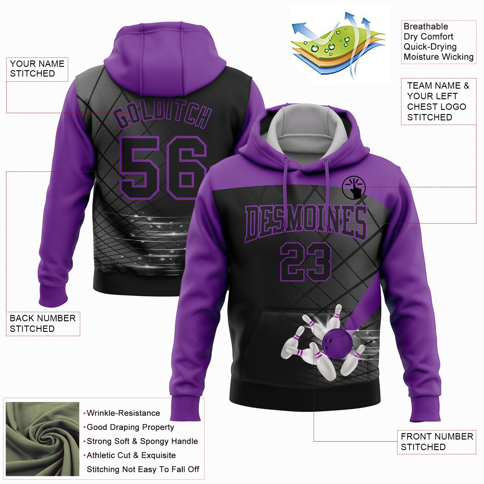 Custom Black Purple 3D Bowling Sports Pullover Sweatshirt Hoodie