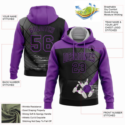 Custom Black Purple 3D Bowling Sports Pullover Sweatshirt Hoodie