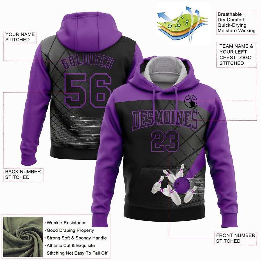 Custom Black Purple 3D Bowling Sports Pullover Sweatshirt Hoodie