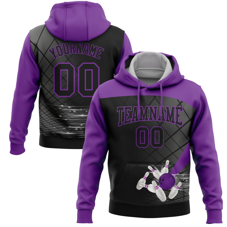 Custom Black Purple 3D Bowling Sports Pullover Sweatshirt Hoodie