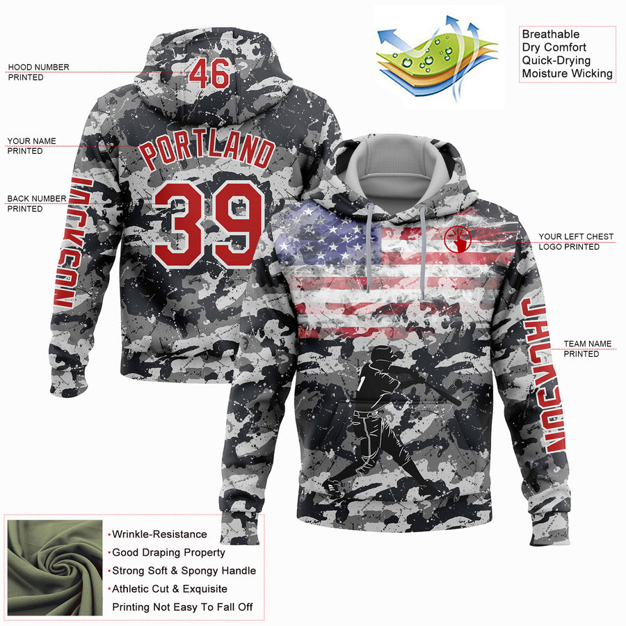 Custom Camo Red-White 3D USA Flag Sports Pullover Sweatshirt Salute To Service Hoodie