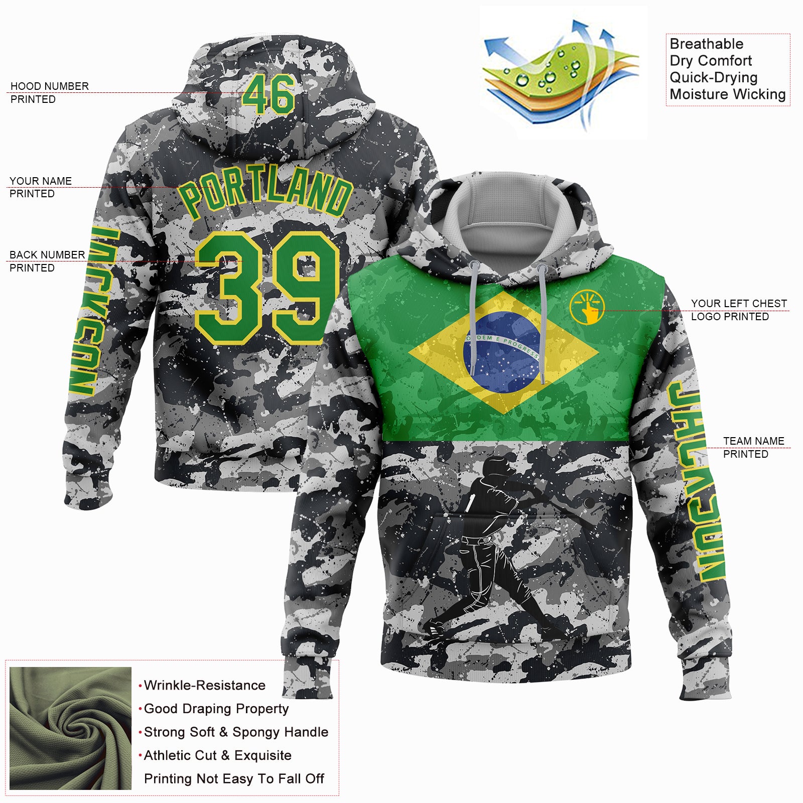 Custom Camo Grass Green-Yellow 3D Brasil Brazilian Flag Sports Pullover Sweatshirt Salute To Service Hoodie