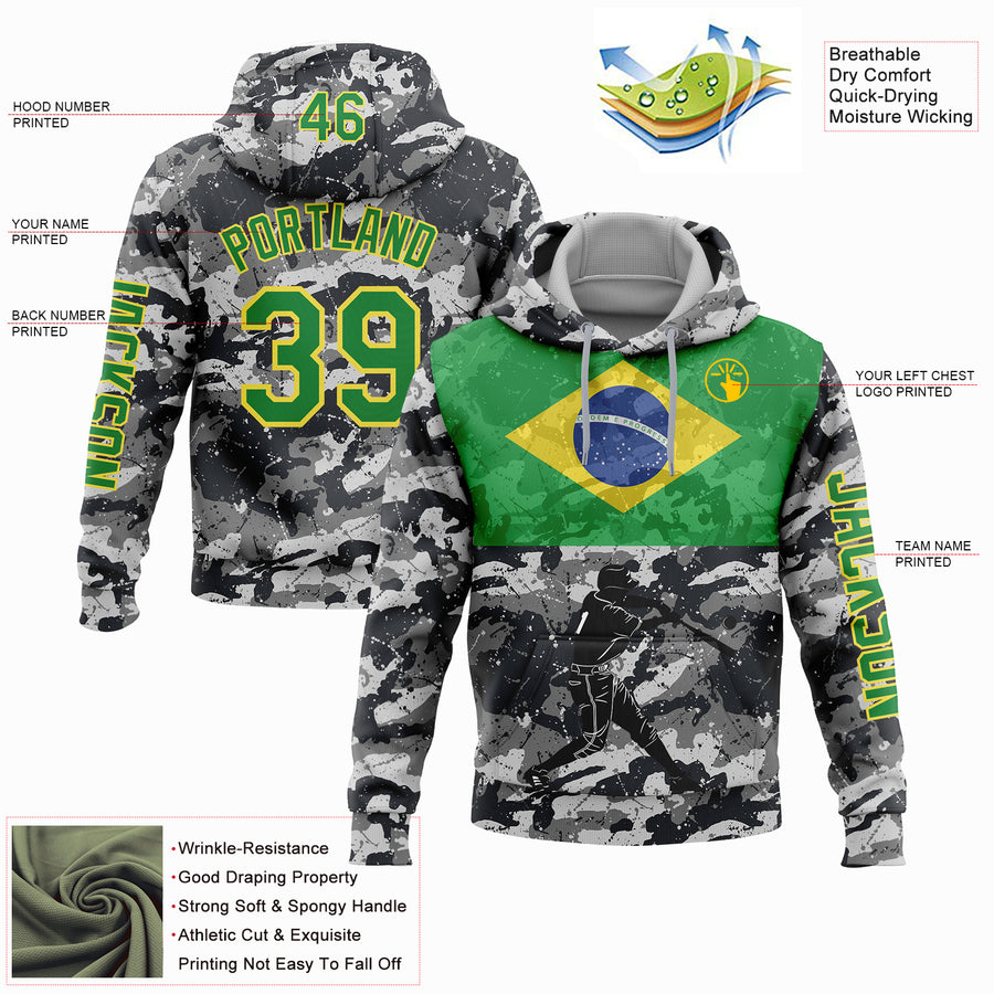 Custom Camo Grass Green-Yellow 3D Brasil Brazilian Flag Sports Pullover Sweatshirt Salute To Service Hoodie