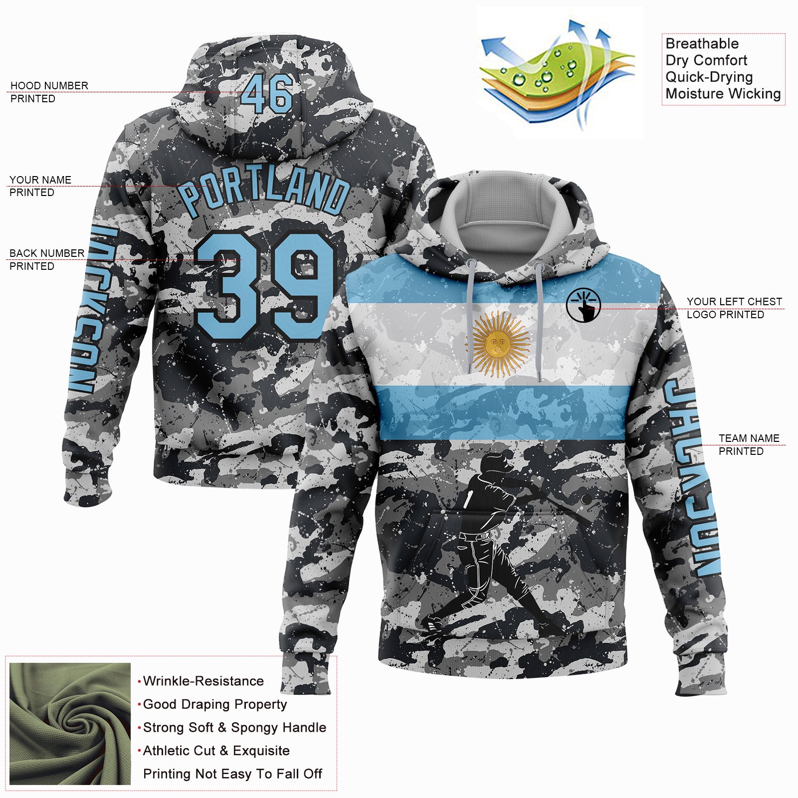 Custom Camo Light Blue-Black 3D Argentina Argentinian Flag Sports Pullover Sweatshirt Salute To Service Hoodie