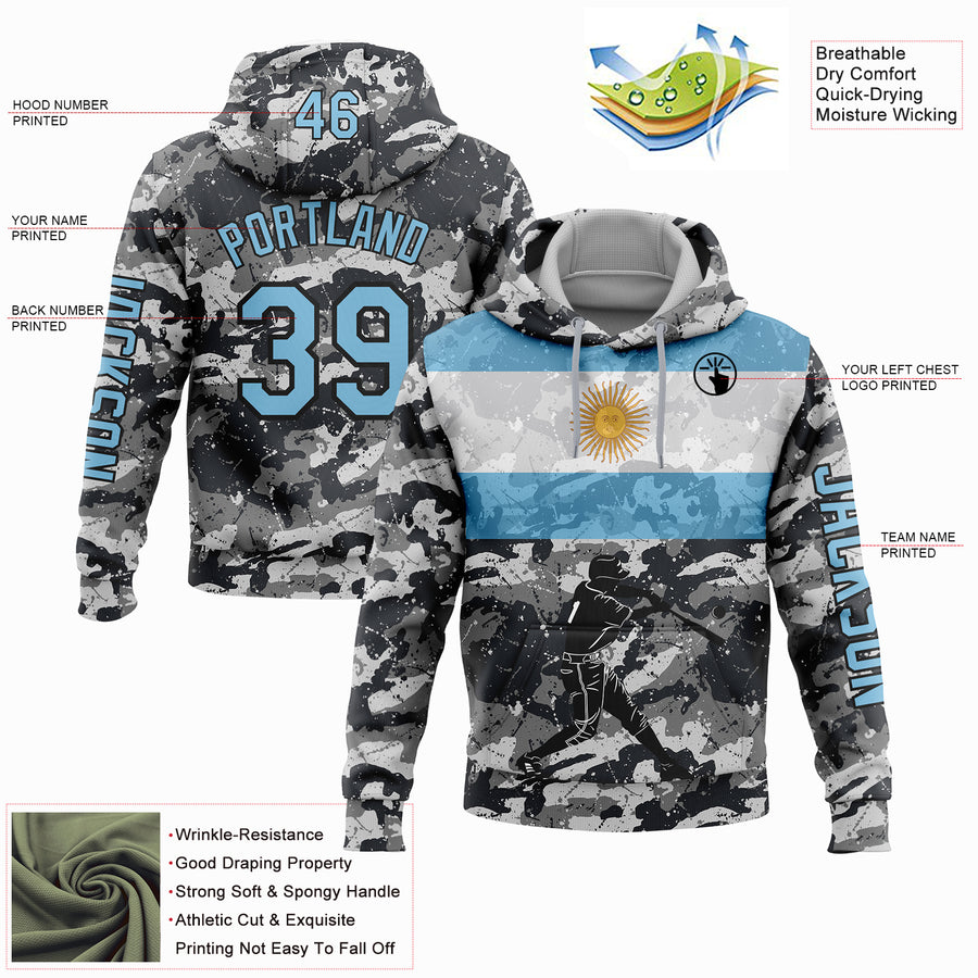 Custom Camo Light Blue-Black 3D Argentina Argentinian Flag Sports Pullover Sweatshirt Salute To Service Hoodie