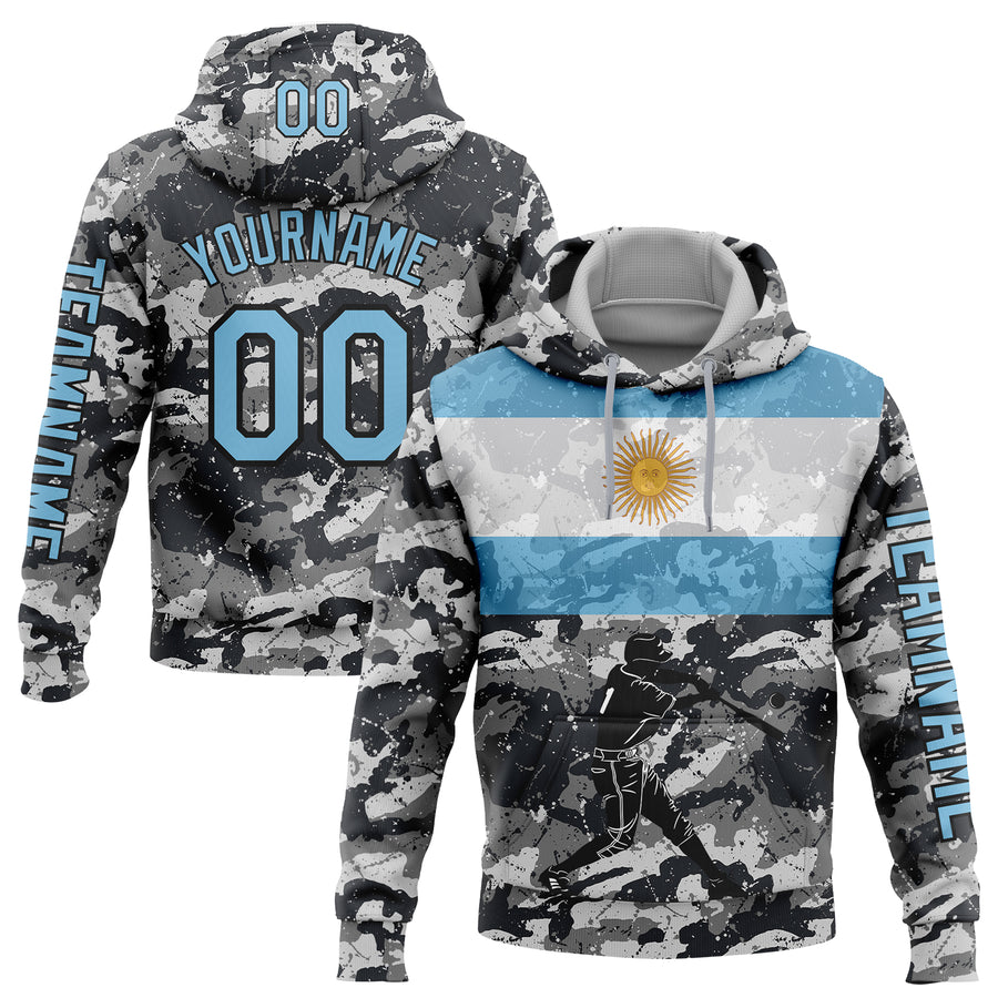Custom Camo Light Blue-Black 3D Argentina Argentinian Flag Sports Pullover Sweatshirt Salute To Service Hoodie