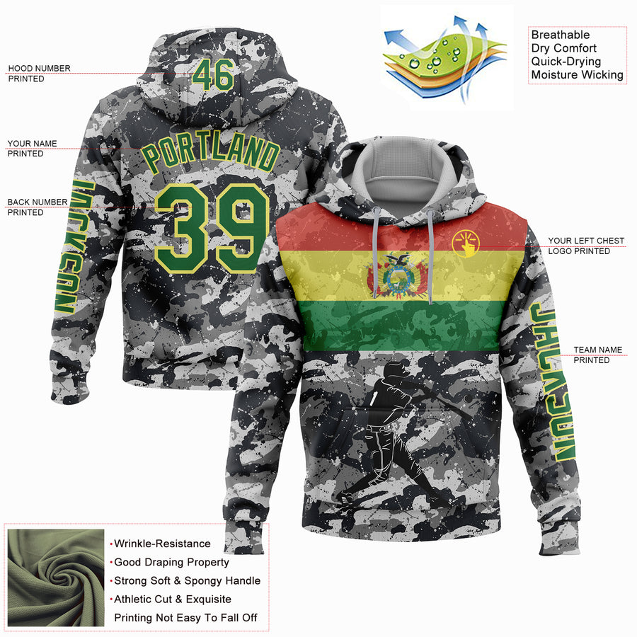 Custom Camo Grass Green-Light Yellow 3D Bolivia Bolivian Flag Sports Pullover Sweatshirt Salute To Service Hoodie