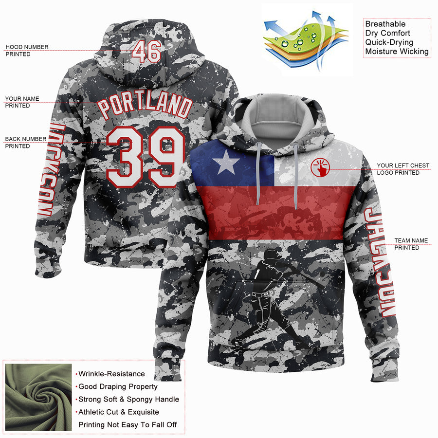 Custom Camo White-Red 3D Chile Chilean Flag Sports Pullover Sweatshirt Salute To Service Hoodie