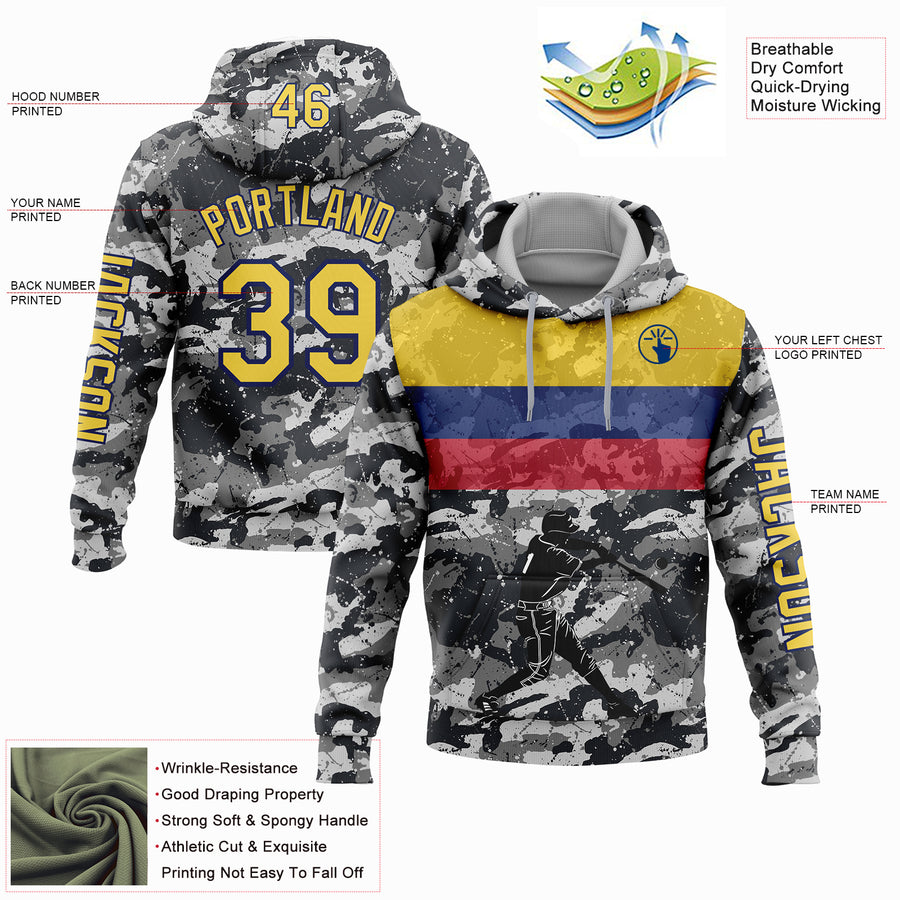 Custom Camo Yellow-US Navy Blue 3D Colombia Colombian Flag Sports Pullover Sweatshirt Salute To Service Hoodie