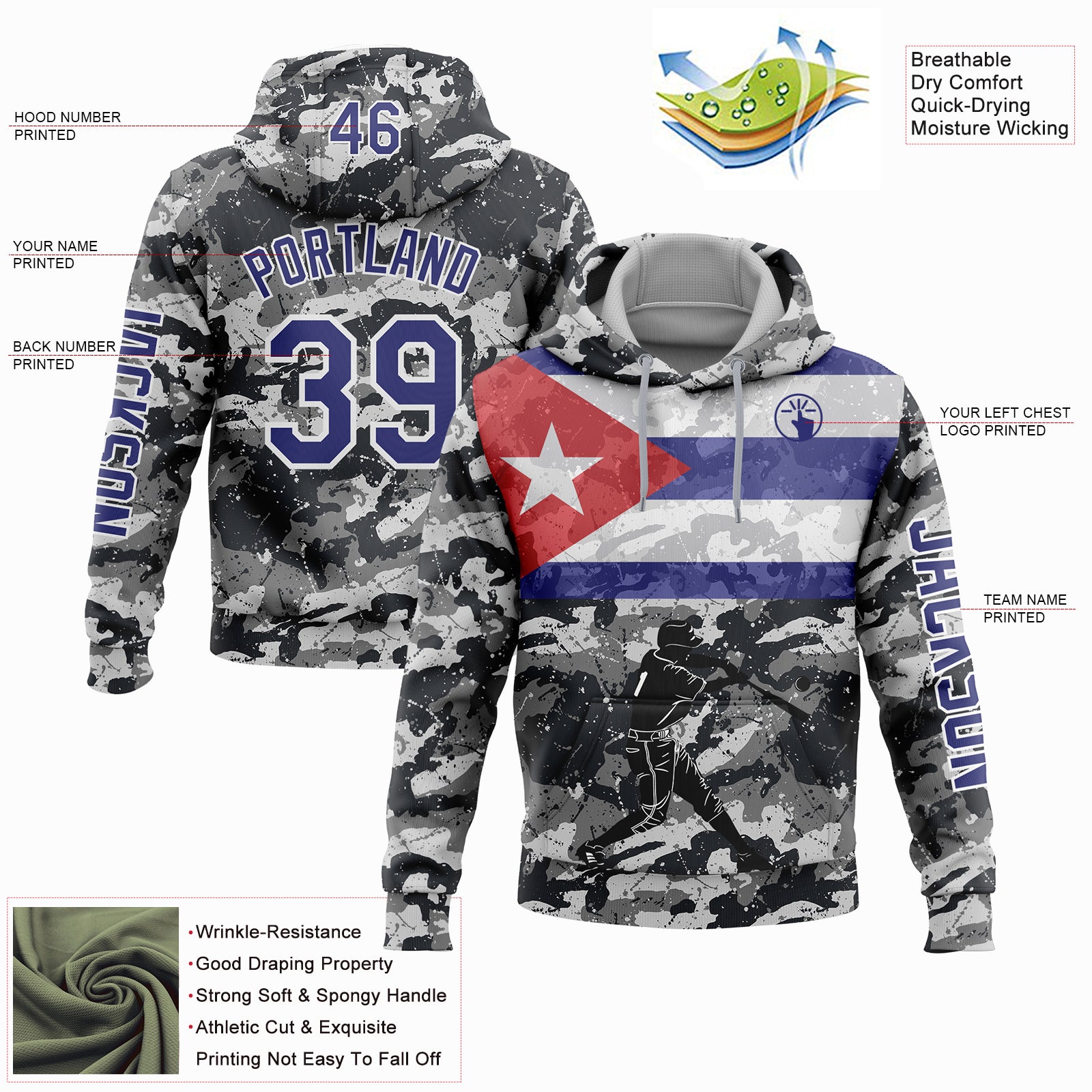 Custom Camo Dark Purple-White 3D Cuba Cuban Flag Sports Pullover Sweatshirt Salute To Service Hoodie
