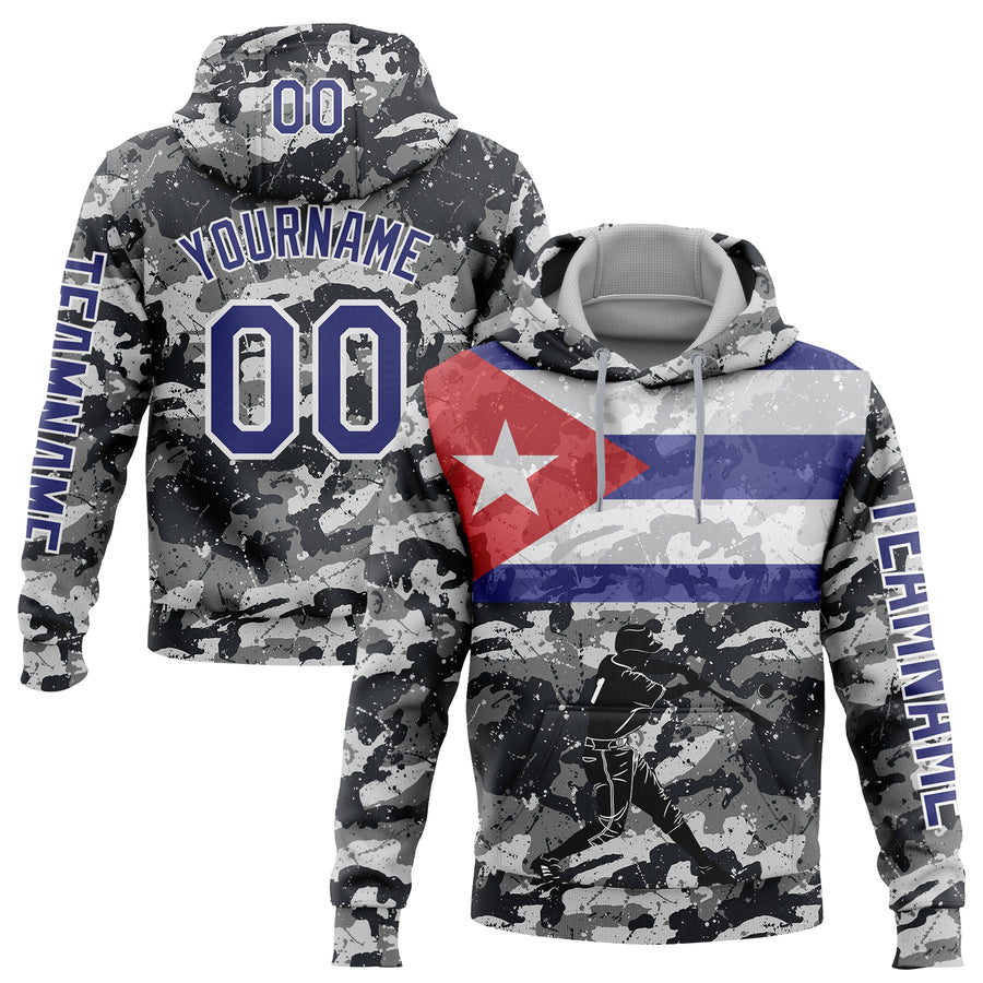 Custom Camo Dark Purple-White 3D Cuba Cuban Flag Sports Pullover Sweatshirt Salute To Service Hoodie