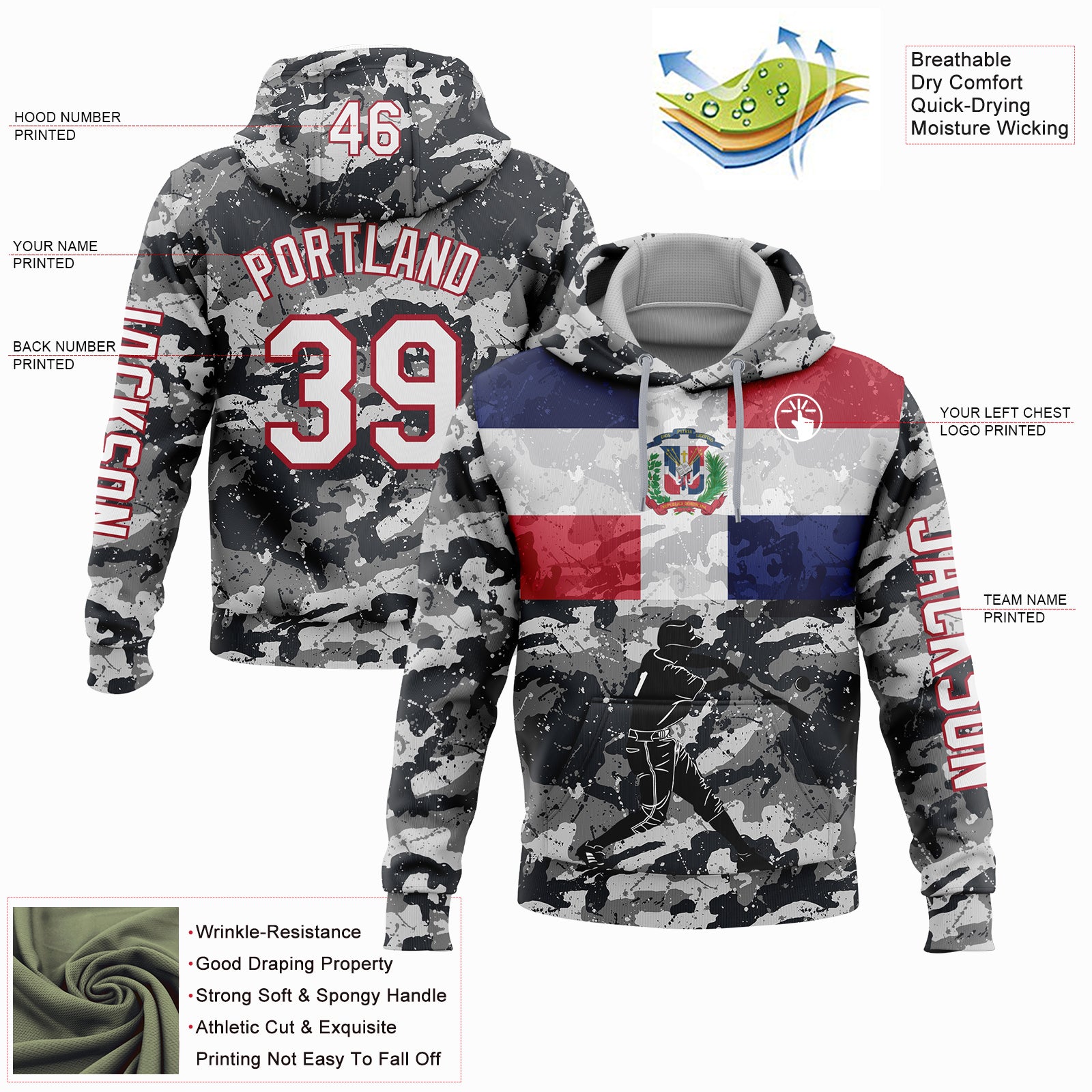 Custom Camo White-Red 3D Dominican Republic Flag Sports Pullover Sweatshirt Salute To Service Hoodie