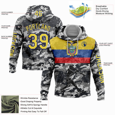 Custom Camo Yellow-Royal 3D Ecuador Ecuadorian Flag Sports Pullover Sweatshirt Salute To Service Hoodie