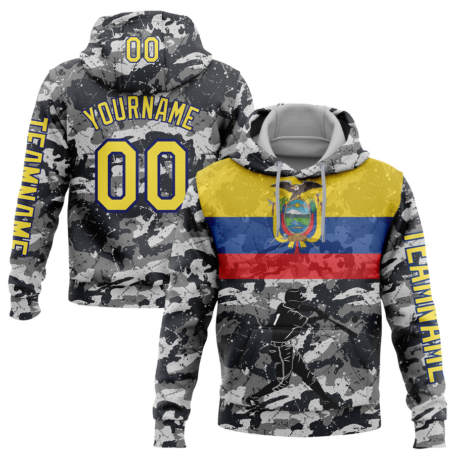 Custom Camo Yellow-Royal 3D Ecuador Ecuadorian Flag Sports Pullover Sweatshirt Salute To Service Hoodie