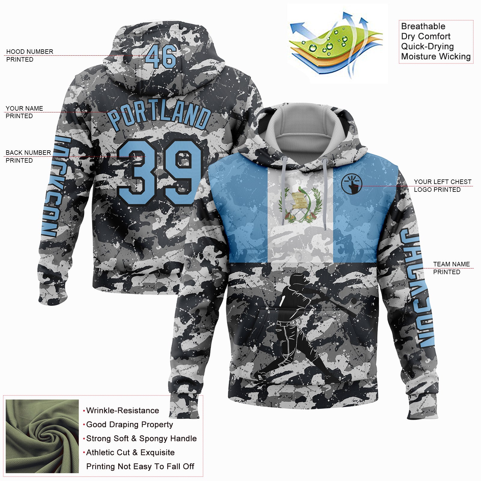 Custom Camo Light Blue-Black 3D Guatemala Guatemalan Flag Sports Pullover Sweatshirt Salute To Service Hoodie
