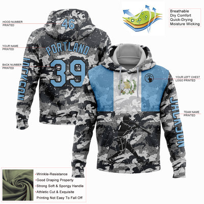 Custom Camo Light Blue-Black 3D Guatemala Guatemalan Flag Sports Pullover Sweatshirt Salute To Service Hoodie