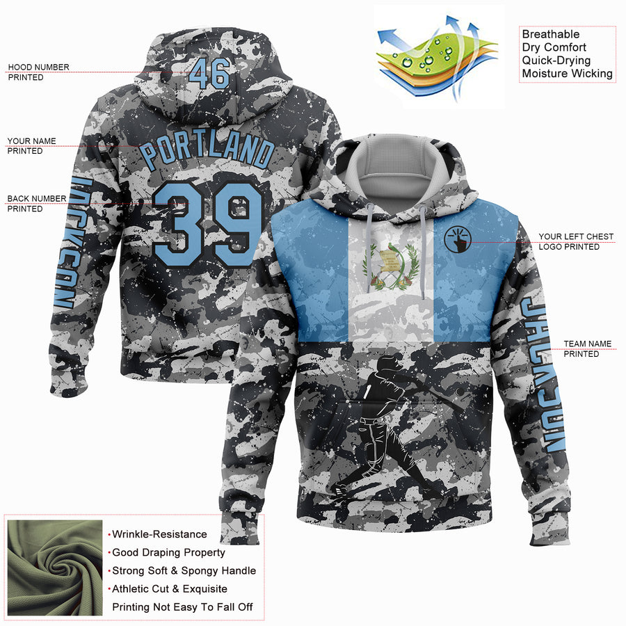Custom Camo Light Blue-Black 3D Guatemala Guatemalan Flag Sports Pullover Sweatshirt Salute To Service Hoodie